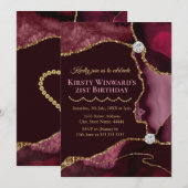 ダークレッドと金ゴールドグリッターアガテバースデーパーティー 招待状 (正面/裏面)