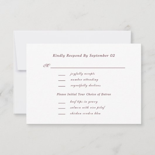 ダークレッドのスクリプトレター メニューセレクション＆結婚式RSVP (正面)