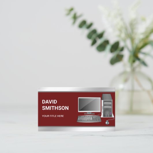 ダークレッドのデスクトップPCコンピュータ修理技術者 名刺 (スタンド正面)
