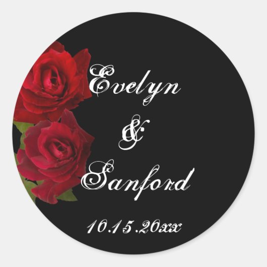 ダークレッドのバラのゴシック結婚式の引き出物名タグラベル ラウンドシール (正面)