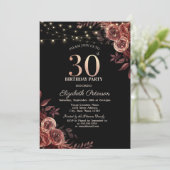 ダークレッドのバラ、ストリングライトブラック30th誕生日 招待状 (スタンド正面)