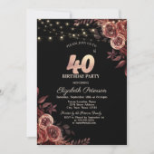 ダークレッドのバラ、ストリングライトブラック40th誕生日 招待状 (正面)