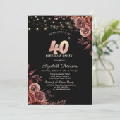 ダークレッドのバラ、ストリングライトブラック40th誕生日 招待状 (スタンド正面)
