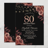  ダークレッドのバラ、ストリングライト ブラック 80歳の誕生日  招待状 (正面/裏面)
