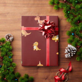 ダークレッドのフラットミニマリストかわいい恐竜 ラッピングペーパー