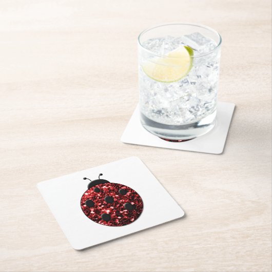 ダークレッドのラディバグフェイクグリッターのキラキラ スクエアペーパーコースター (インサイチュ)