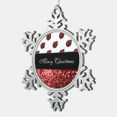 ダークレッドのラディバグフェイクグリッターのキラキラ スノーフレークピューターオーナメント (右)