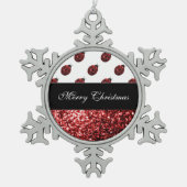 ダークレッドのラディバグフェイクグリッターのキラキラ スノーフレークピューターオーナメント (正面)