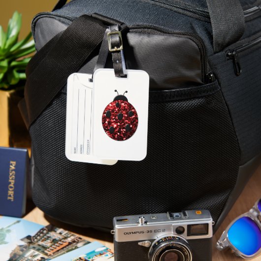 ダークレッドのラディバグフェイクグリッターのキラキラ ラゲッジタグ (正面&裏面)