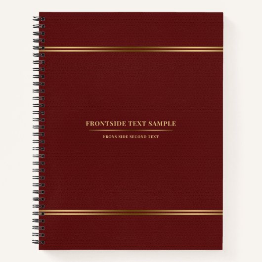ダークレッドのレザーテクスチャ金ゴールドトーンストライプ ノートブック (正面)