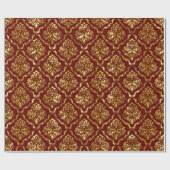 ダークレッドの光沢のある外観の金ゴールドフローラダマスク ラッピングペーパー (フラット)