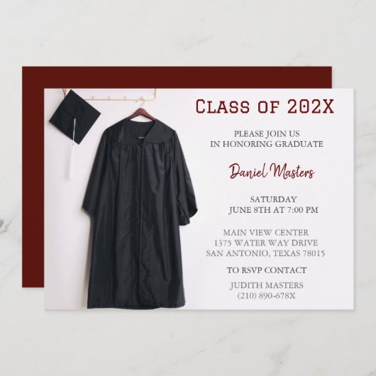 ダークレッドの卒業パーティー帽子とドレスの招待状 招待状 (正面/裏面)