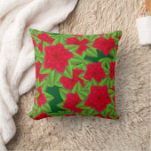 ダークレッドの椿と緑の葉 クッション (ブランケット)