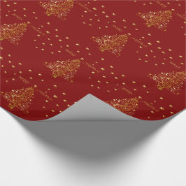 ダークレッドの美しい金属金ゴールドクリスマスツリー ラッピングペーパー