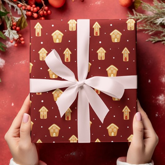 ダークレッドの背景にクリスマスハウスジンジャーブレッド ラッピングペーパー