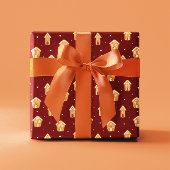 ダークレッドの背景にクリスマスハウスジンジャーブレッド ラッピングペーパー