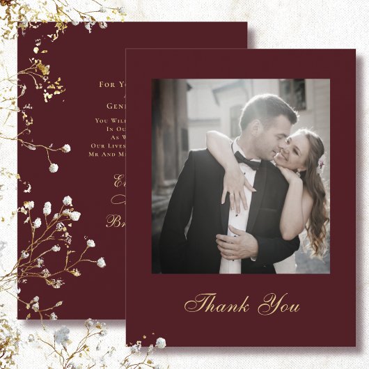 ダークレッドの背景 ゴールドの手書き風フォント 結婚式 ありがとう 招待状
