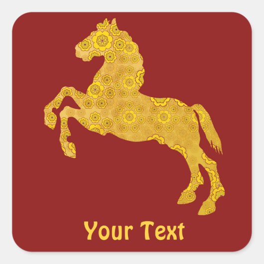 ダークレッドの黄金の蓮の花びら模様の馬 スクエアシール (正面)
