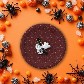 ダークレッドよくはしゃぐハロウィーンパターン ペーパープレート