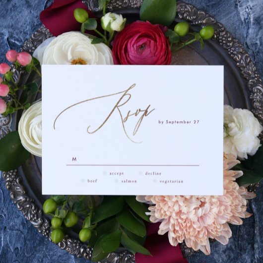 ダークレッドエレガントプラムブルゴーニュ金ゴールドザ結婚ーズ 出欠カード