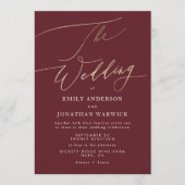 ダークレッドエレガントプラムブルゴーニュ金ゴールドザ結婚ーズ 招待状 (正面)