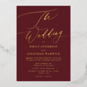 ダークレッドエレガントプラムブルゴーニュ金ゴールドザ結婚ーズ 箔招待状 (正面)
