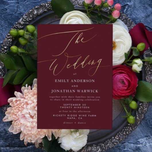 ダークレッドエレガントプラムブルゴーニュ金ゴールドザ結婚ーズ 箔招待状