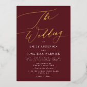 ダークレッドエレガントプラムブルゴーニュ金ゴールドザ結婚ーズ 箔招待状 (正面)