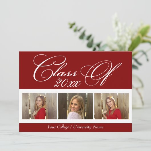 ダークレッドエレガントマルーン3フォトカレッジ卒業 招待状 (スタンド正面)