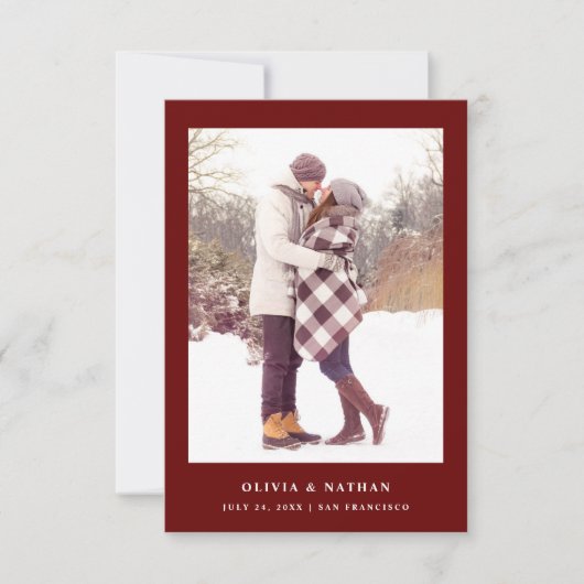 ダークレッドエレガント文字と写真 | 結婚s セーブザデート (正面)