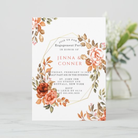 ダークレッドオレンジフローラ幾何学的婚約パーティ 招待状 (スタンド正面)