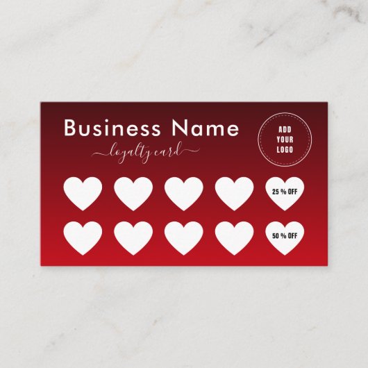 ダークレッドグラデーションミニマリスト追加ロゴのソーシャルメディア ロイヤリティカード (正面)