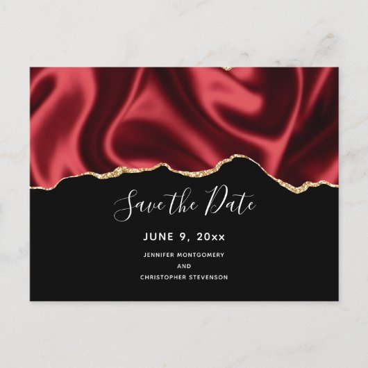 ダークレッドグラムウェーブサテンデザイン – 日付を保存 インビテーションポストカード (正面)