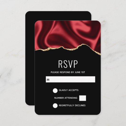 ダークレッドグラムウェーブサテン抽象デザイン結婚ズ 出欠カード (正面/裏面)