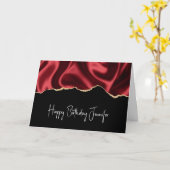 ダークレッドグラムウェーブサテン抽象デザイン誕生日 カード (黄色い花)