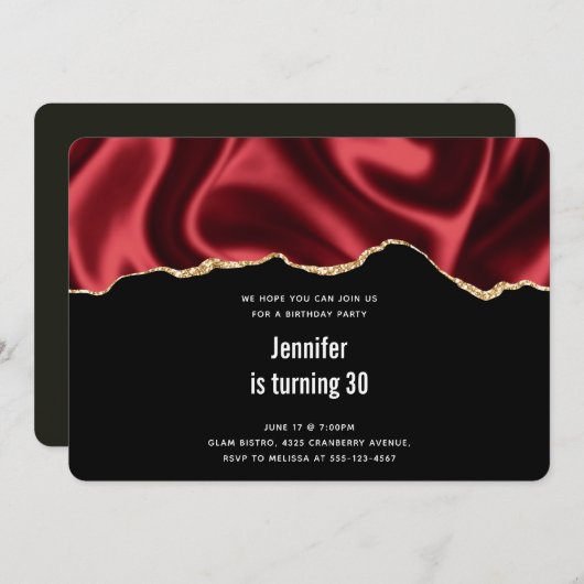 ダークレッドグラムウェーブサテン抽象デザイン誕生日 招待状 (正面/裏面)