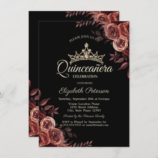 ダークレッドスタイリッシュローゼゴシックキンセアニラ 招待状 (正面/裏面)