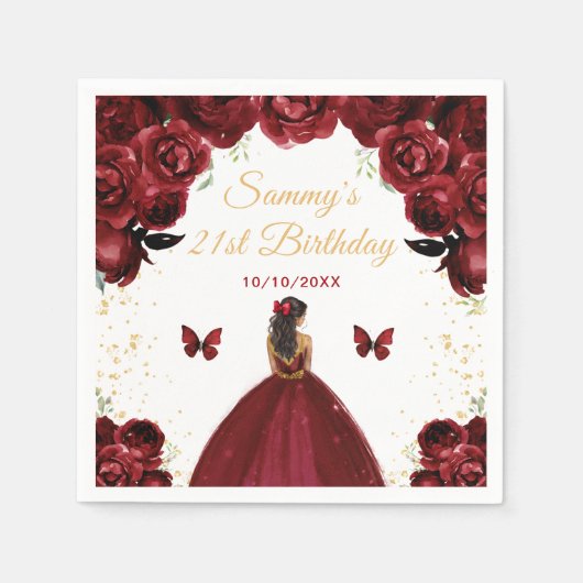ダークレッドダークスキンプリンセス誕生日パーティー スタンダードカクテルナプキン (正面)