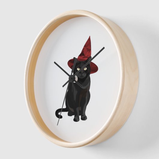 ダークレッドハットクラシックTシャツの神秘的な黒猫 壁時計 (傾斜)