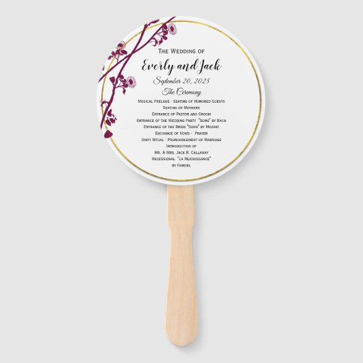 ダークレッドバイオレットパープルワイルドフラワー結婚式 プログラム ハンドファン (正面)