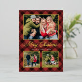 ダークレッドバッファロープレイドクリスマスフォトコラージュ 箔シーズンカード (立ち正面)