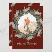 ダークレッドパインリースクリスマスホリデーフォトカード シーズンカード (正面/裏面)