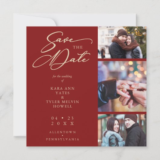 ダークレッドファンシーコラージュ3枚の写真カップル結婚ズ セーブザデート (正面)