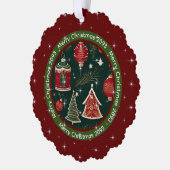 ダークレッドフォレストグリーンパーソナライズされたメリークリスマス オーナメントカード (左)