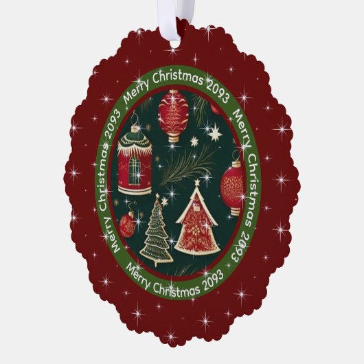 ダークレッドフォレストグリーンパーソナライズされたメリークリスマス オーナメントカード (左)