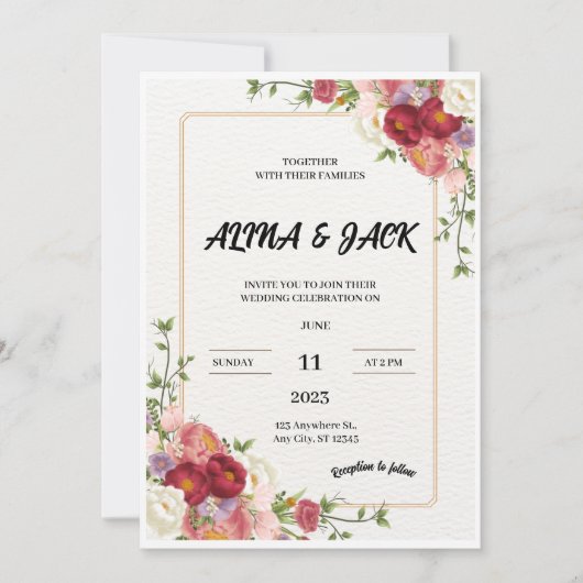 ダークレッドフラワー結婚式招待状 招待状 (正面)