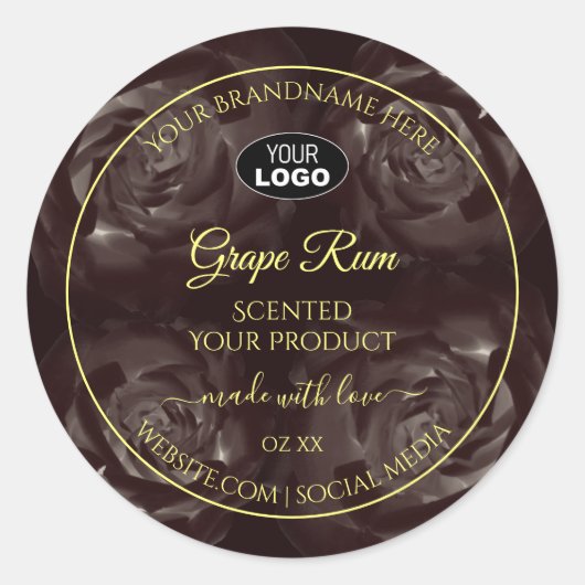 ダークレッドブラウンの咲き誇るバラの商品ラベルロゴ ラウンドシール (正面)