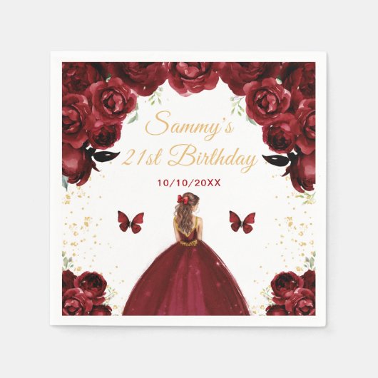 ダークレッドブラウンヘアプリンセス誕生日パーティー スタンダードカクテルナプキン (正面)