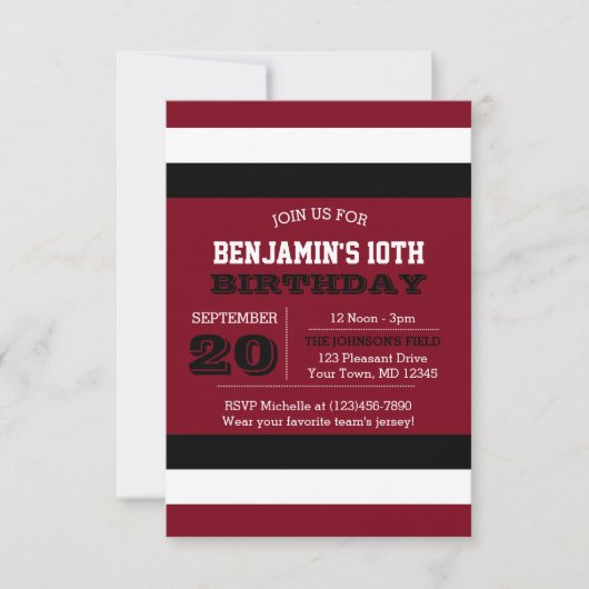 ダークレッドブラックアンドホワイトチーム誕生日招待状 招待状 (正面)