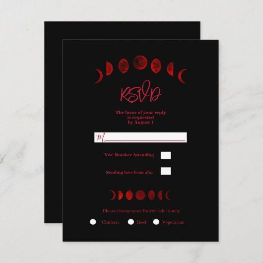 ダークレッドブラックムーンフェイズゴシックウェディングRSVP 招待状 (正面/裏面)